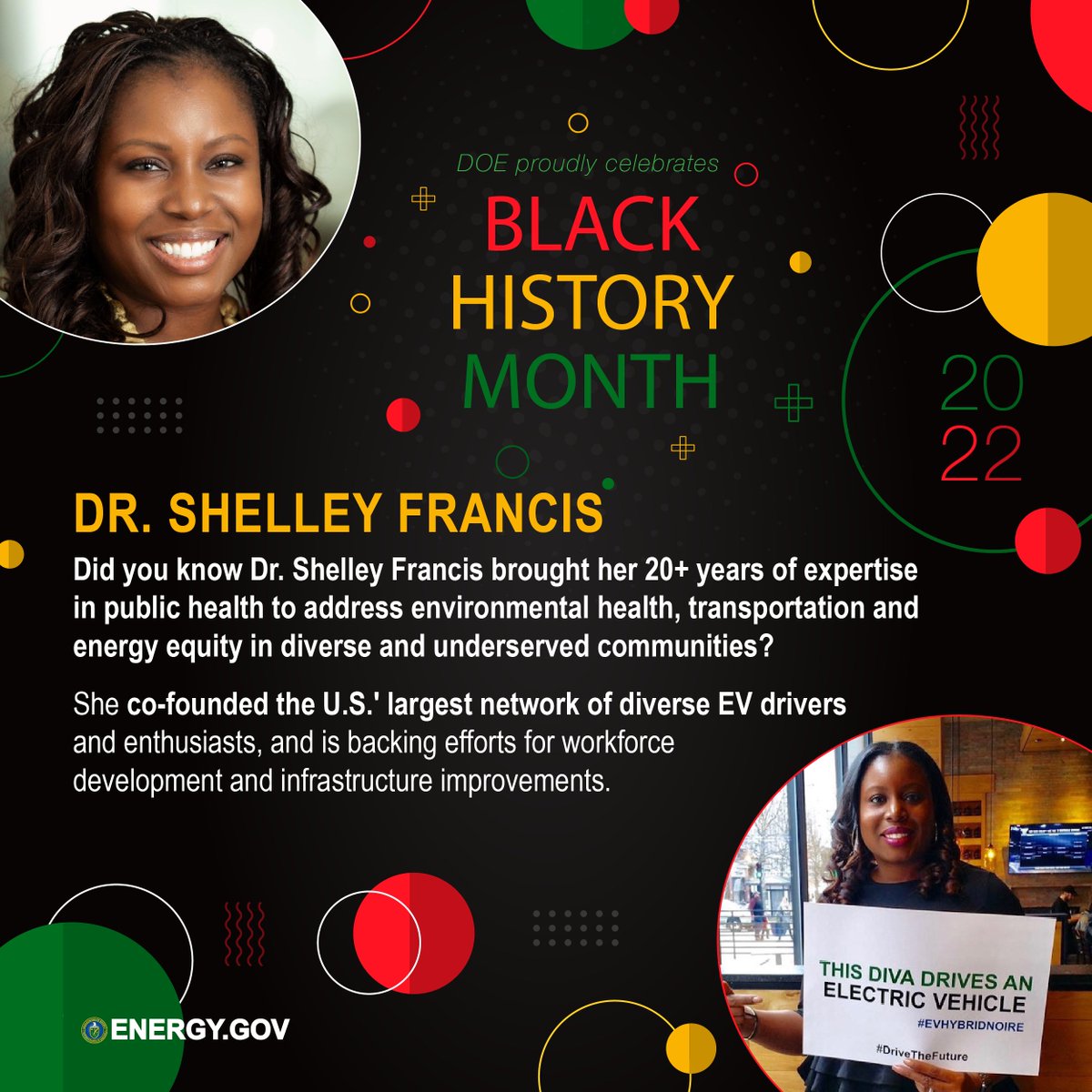 ENERGY's tweet photo. Dr. Shelley Francis is using her decades of public health experience to help our equitable clean energy future pick up speed 🚗#BlackHistoryMonth https://t.co/W7KwGMd8N1