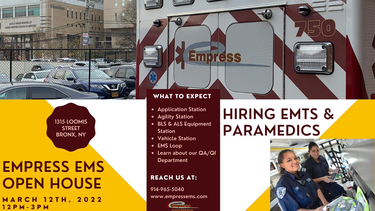 EmpressEMS's tweet photo. Empress EMS is hosting an OPEN HOUSE March 12th at our new BRONX location. Please join us and learn more about Empress and our new location – we are looking forward to meeting you! #EMSLoop #EMT #Paradmedic #TheBronx #HiringNYC https://t.co/b8ipO8iOD4