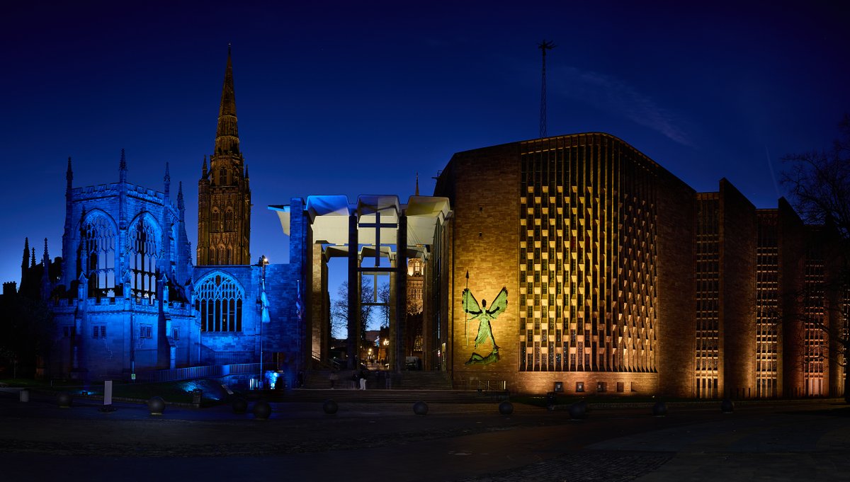 coventrycc's tweet photo. As a proud city of peace and reconciliation, we condemn this unprovoked aggression on Ukraine. 

Along with the Whittle Arches, we have lit up several areas of the city centre as a mark of solidarity with the people of Ukraine and their loved ones here in Coventry.

🇬🇧🇺🇦 https://t.co/IOV629RVvJ