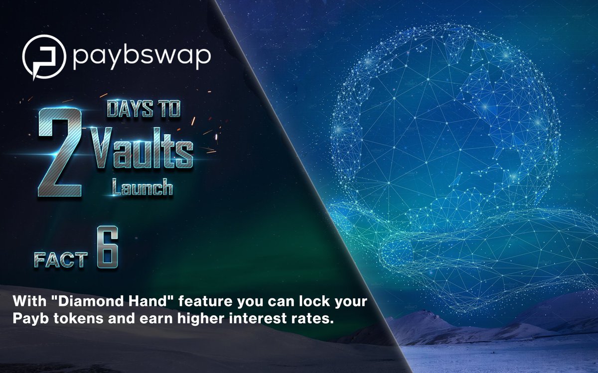 dexance_io's tweet image. 7-day countdown to Vaults Launch ⚡️

Day Six, 6th #PaybSwap fact: 👀
"With "Diamond Hand" feature you can lock your PAYB tokens and earn higher interest rates." 

Like, comment, retweet, and follow us to win 100k $PAYB today!

Read more: bit.ly/3JGpuN9
#DiamondHands #DEX