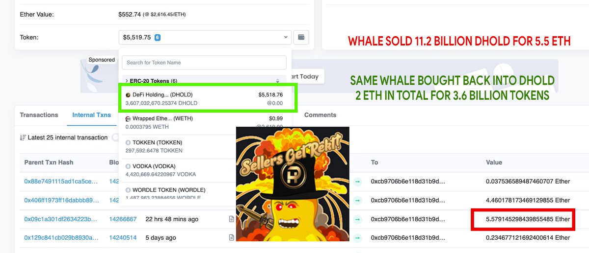 There was a whale on $DHOLD that held the biggest bag who dumped on everyone and he's been investing in meme coins and is getting totally wrecked. 

Our chart is now pumping high, no one is selling after this example. Heavy buys are starting to come in now.

Sellers will cry 😭