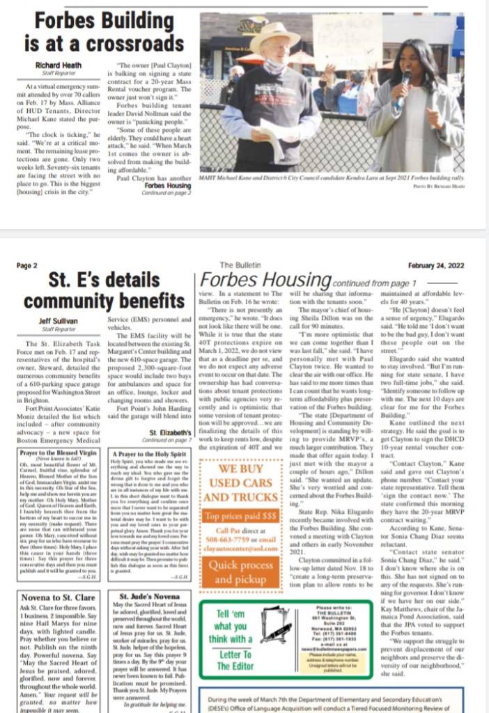 The clock is ticking for Forbes tenants!  Great article by Richard Heath in JP Bulletin about Community Rally for Forbes last week!  @MAHT_hudtenants @CllrKendraLara @RichardHeath_ #bospoli @MayorWu #mapoli #saveourhomes #saveforbes