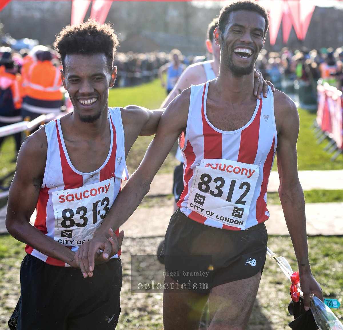 The English National Cross Country Championships today at Parliament Hill. Mahamed Mahamed (right) celebrates winning the title with brother Zak who finished fourth. @EnglandRunning @Mahamed1920