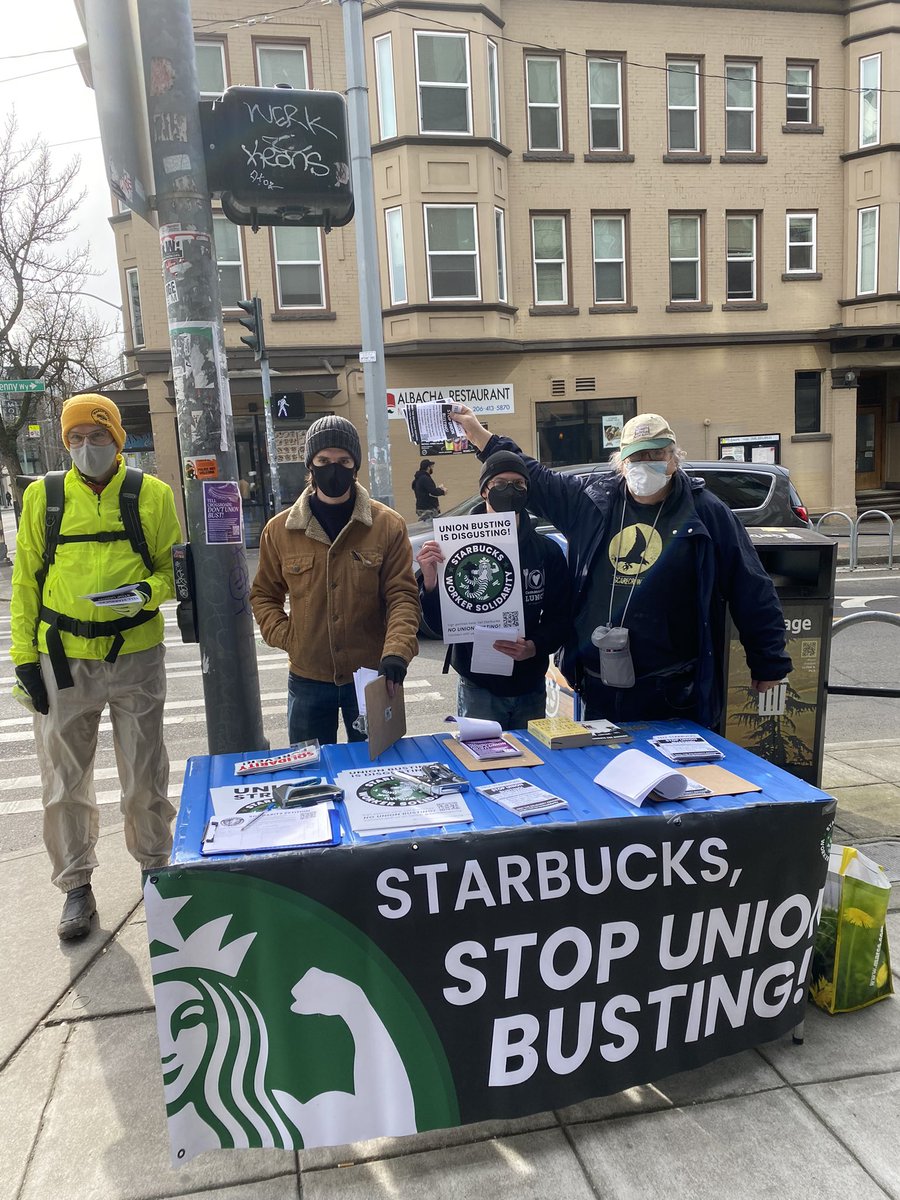 Gathering support for unionizing Starbucks workers outside Denny &amp; Broadway store. They’re on track to be the 1st unionized Starbucks in Seattle! Come on down &amp; support them! <a href="/SBWorkersUnited/">Starbucks Workers United</a> <a href="/SeattleSBWU/">Seattle SBWU has moved</a>