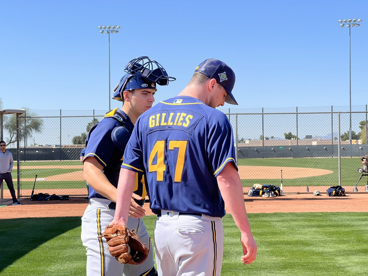 AdamMcCalvy's tweet photo. What a special day for 26-year-old Tyler Gillies, who is back with the Brewers after a long cancer fight. He just threw off a dirt mound for the first time in two years. https://t.co/mk72GMhJGb