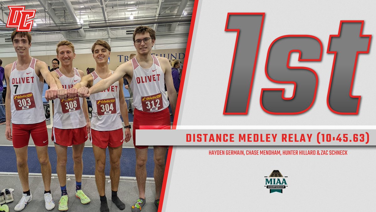 OlivetAthletics's tweet photo. The men's distance medley relay team of Hayden Germain, Chase Mendham, Hunter Hillard and Zac Schneck takes first-place at the 2002 @MIAA1888 Indoor Track &amp; Field Championship. Their winning time was 10:45.63 and beat runner-up Calvin by almost six seconds. #GoCOMETS #OCNation https://t.co/k5yUArxpn6