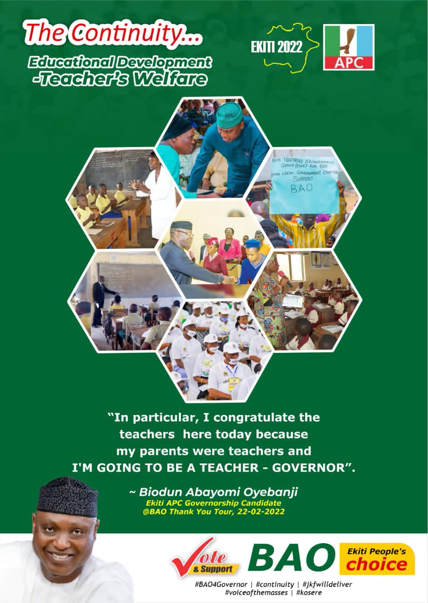 JasperOgunkuade's tweet photo. #EkitiDecides2022
The continuity...
Educational Development - TEACHER'S WELFARE: Biodun Oyebanji says "I am going to be a Teacher - Governor"
Suppport & Vote 4 @BOyebanjii as the Next Governor of Ekiti State.
@OfficialAPCNg
@kfayemi will deliver
#kosere https://t.co/2xDRhaBX8h