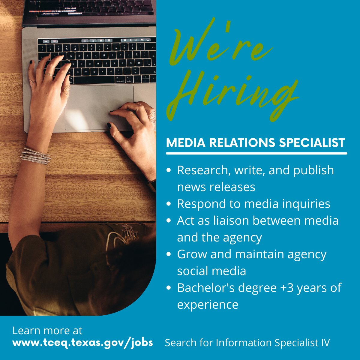 TCEQ's tweet image. Interested in working at TCEQ? We're hiring a Media Relations Specialist to join our team! You can find more info at bit.ly/3HmlFeu.