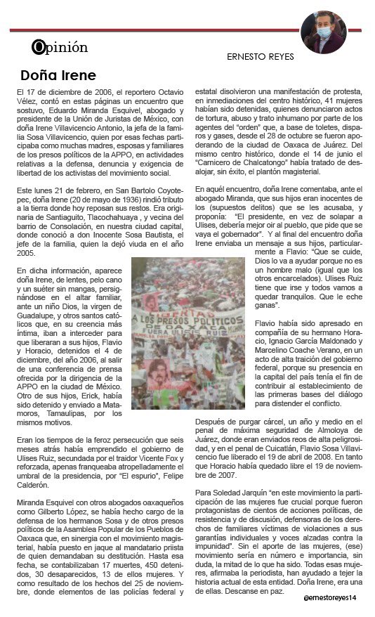 Les comparto un artículo que escribió el maestro <a href="/ernestoreyes14/">ernesto reyes</a> sobre mi madre. Agradezco al maestro y a ustedes por sus muestras de cariño, solidaridad y acompañamiento.