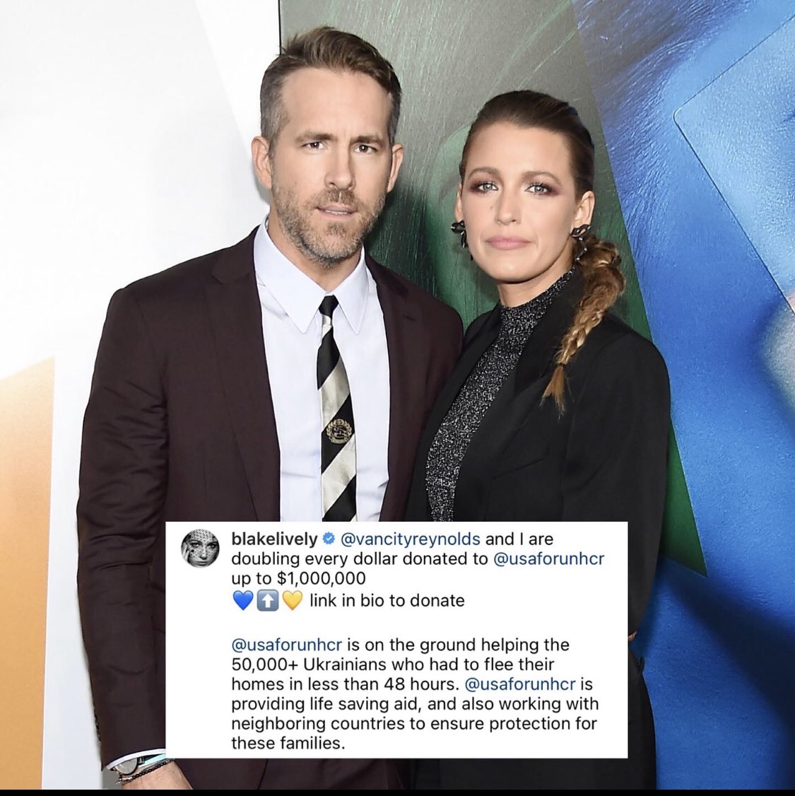 extratv's tweet photo. .@VancityReynolds and @blakelively are helping with the refugee crisis in Ukraine by matching every dollar donated to @UNRefugeeAgency up to $1 million. 🙏🇺🇦

Info here: https://t.co/GYwnQrn0Un https://t.co/jRZNgqT5qq