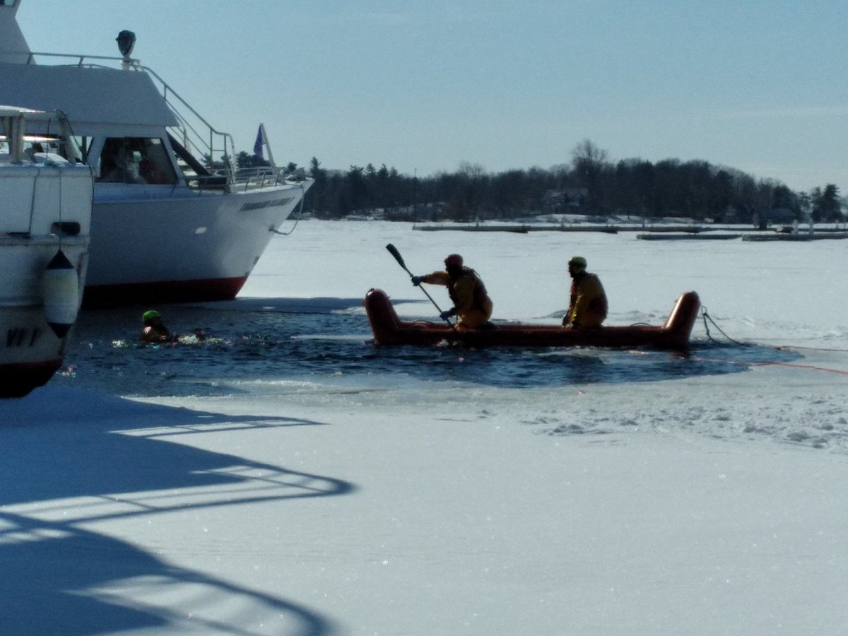 Gananoque firefighters doing some ice water rescue training today. For more pictures check out our Facebook page. 
Special thanks to <a href="/leeds1000island/">Leeds & 1000 Islands</a> fire and @RideauLakesFire for lending extra suits today.