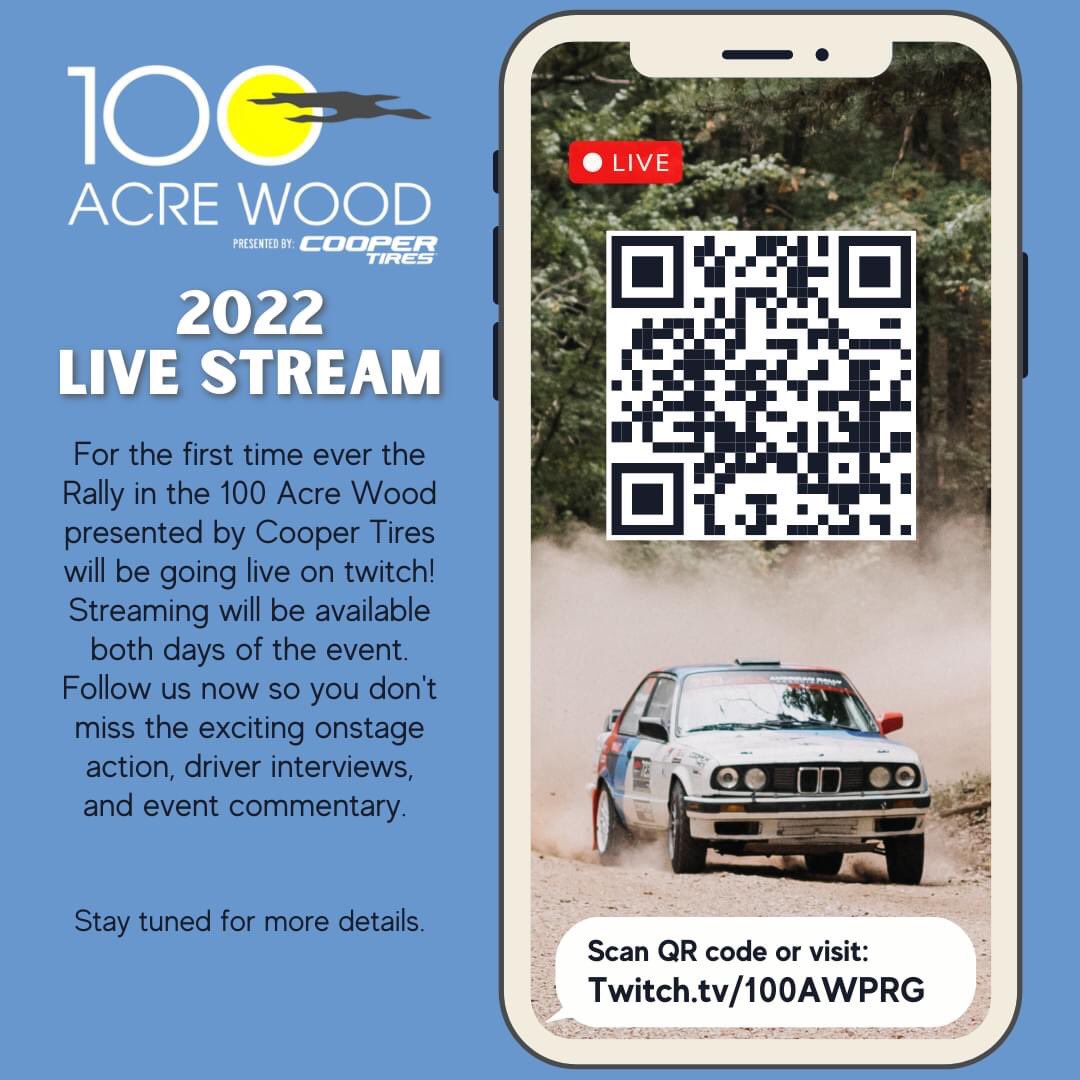 100aw's tweet image. For the first time ever the Rally in the 100 Acre Wood presented by Cooper Tire will be going live on twitch! Streaming will be available both days of the event. Follow us now so you don't miss the exciting onstage action, driver interviews, and event commentary.
