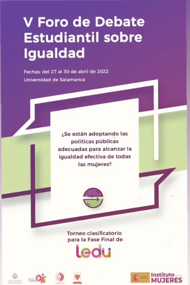 ¡Volvemos! Del 27 al 30 de abril en Salamanca, el 5 de marzo abrimos inscripciones en fdeigualdad@usal.com ¿te lo vas a perder?
Somos un torneo clasificatorio para la Fase Final de la <a href="/LEDU_debate/">Liga Española de Debate Universitario</a> y el equipo ganador se va a llevar un premio de 2000€