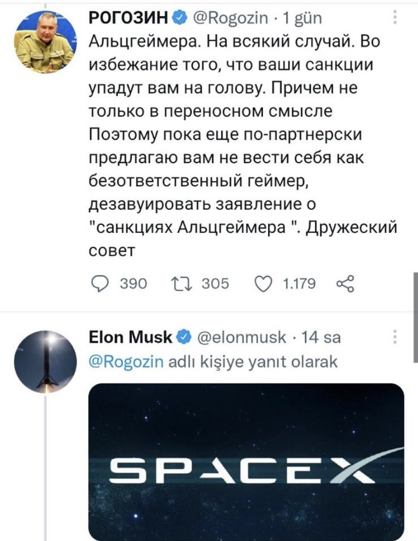 darkwebhaber's tweet photo. Rus Roscosmos'un CEO'su Dmitry Rogozin:

- Bizimle işbirliğini engellerseniz, Uluslararası Uzay İstasyonu'nu kontrolsüz bir yörüngeden çıkmaktan kim kurtaracak

Elon Musk:
-SpaceX https://t.co/pkjZuNazi2