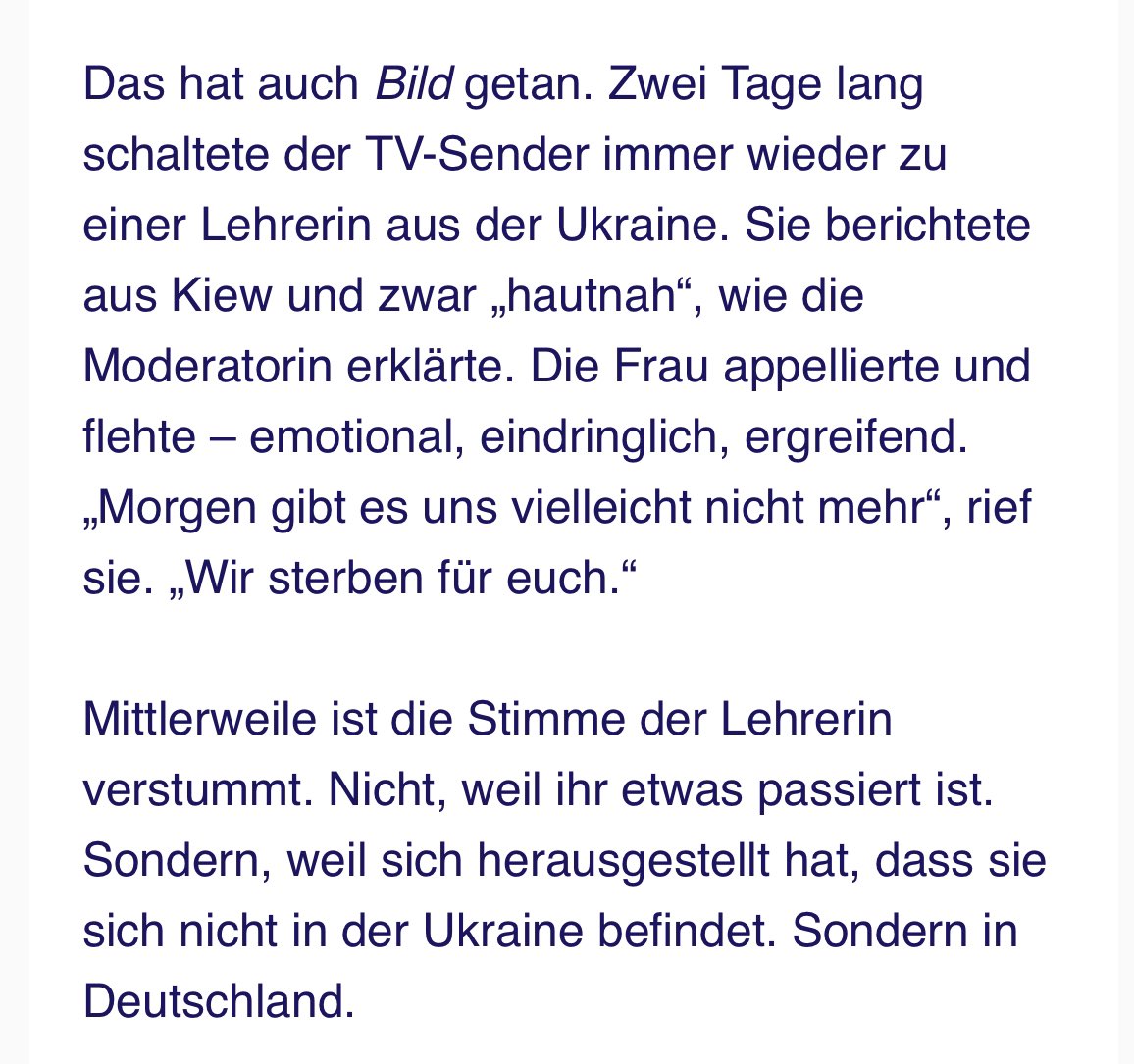 Das ist wirklich unfassbar. <a href="/BILD/">BILD</a> TV sendet „hautnahes“ Interview mit einer angeblichen Augenzeugin „aus Kiew“ - die in Wahrheit in Deutschland saß. (via <a href="/medieninsider/">Medieninsider</a>). #ukraine #russland