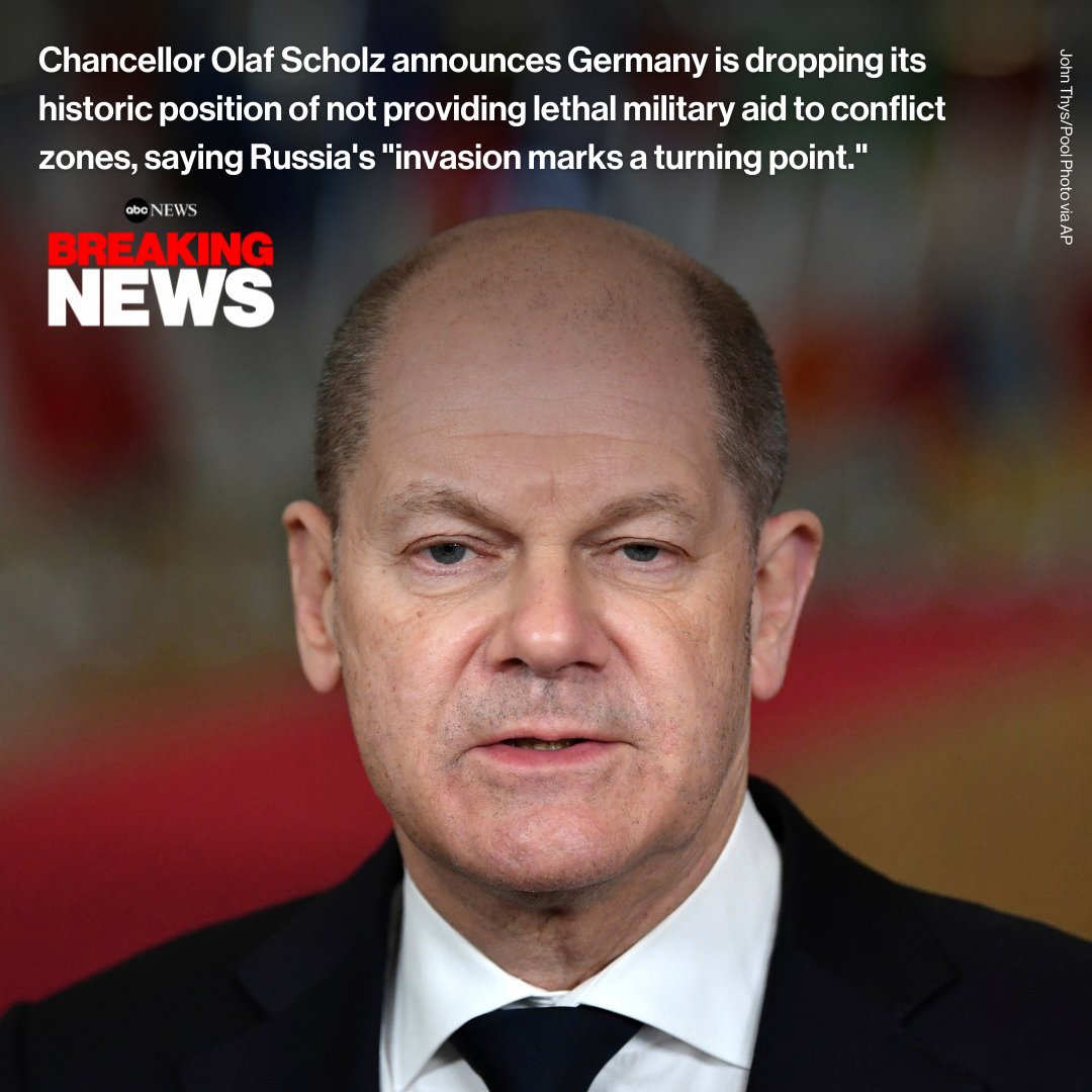 German Chancellor Olaf Scholz announces Germany is dropping its historic position of not providing lethal military aid to conflict zones, saying Russia's "invasion marks a turning point." abcn.ws/3pn0PW2