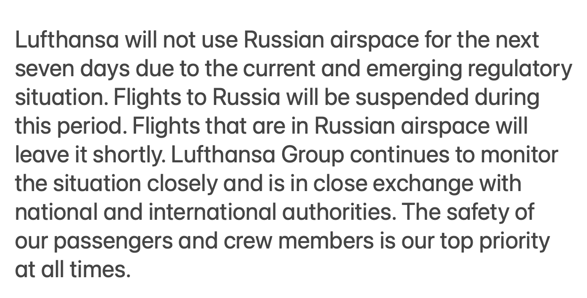 flightradar24's tweet photo. Regarding outbound Lufthansa aircraft returning from Russian airspace, this statement from Lufthansa: https://t.co/j7BaawPXtr