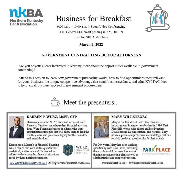 Are you an attorney interested in winning government contracts? Check out our next Business for Breakfast CLE with @NKYBARASSN  this Thursday at 9am led by Mary Willenborg. Register here: lnkd.in/dp2Wi2Rz