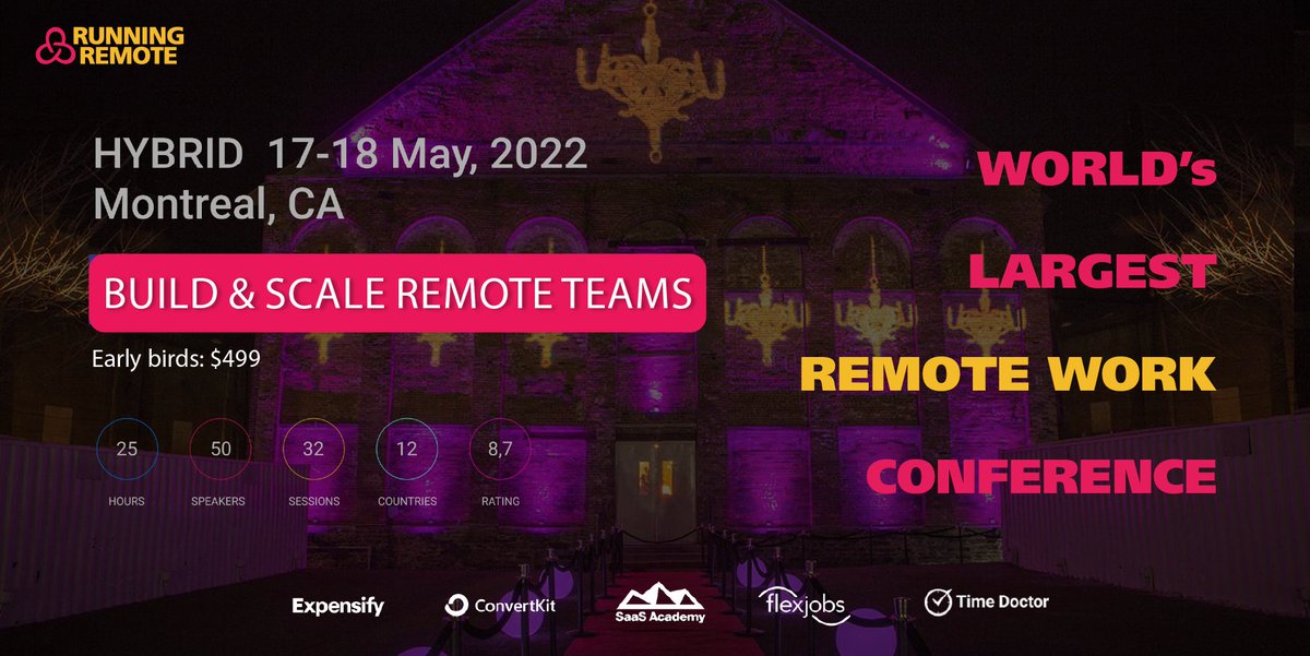 May 17-18 in Montreal, in-person (online too) Running Remote is back! Excited! This conf is the best place to learn advanced methods to scale remote and distributed teams. Ace speakers, nice people, great vibe. hckrn.st/RR_MTL #RR2022