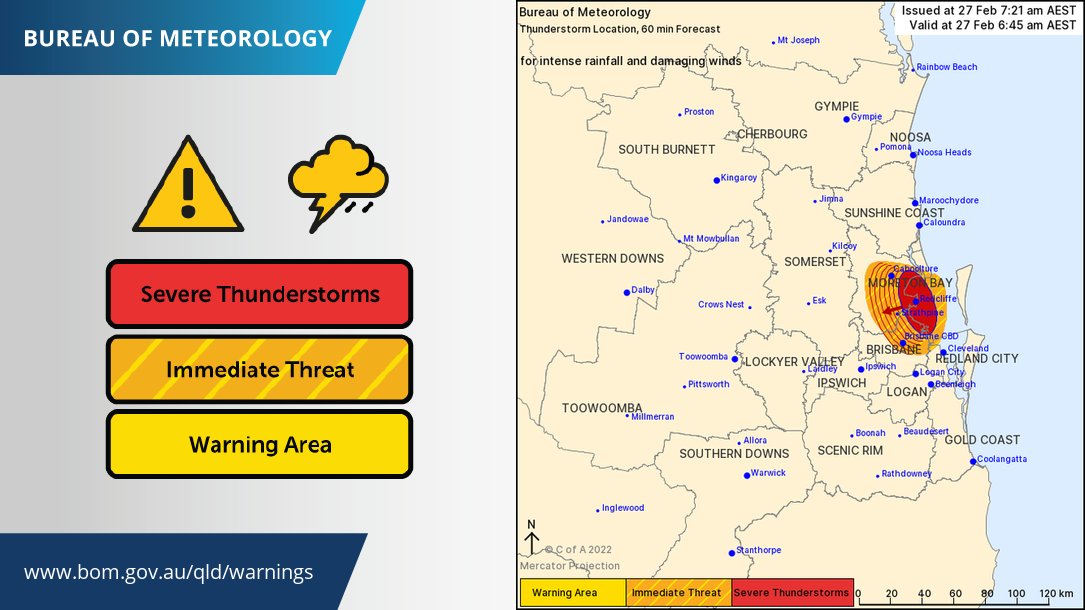 BOM_Qld's tweet photo. โ ๏ธโ๏ธSevere Thunderstorm Warning - Southeast Queensland for INTENSE RAINFALL and DAMAGING WINDS. Locations affected include #Redcliffe, #Beachmere, #Strathpine, #Caboolture, #Burpengary, #BrisbaneCBD, #Dayboro and #Wamuran. Full details https://t.co/FBmpsInT9o @QldFES https://t.co/Oraqj59Ut9