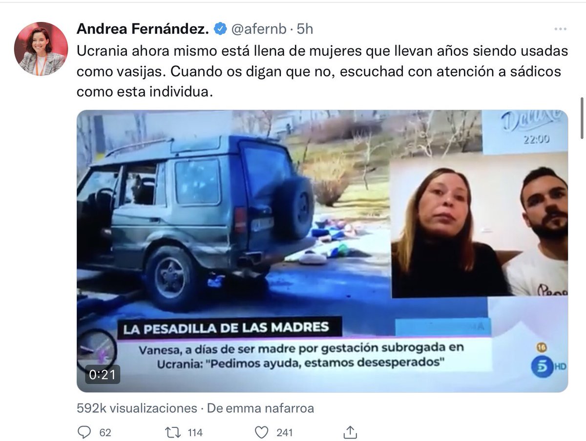 Esta señora (que me avergüenza decir que es paisana mía) llama sádicos a quienes queremos ser padres y o no tenemos útero o a quienes teniéndolo no pueden gestar. Que pena tener que defender a mi hija del odio de personas como <a href="/afernb/">Andrea Fernández. 🇪🇺</a>, un cargo público.