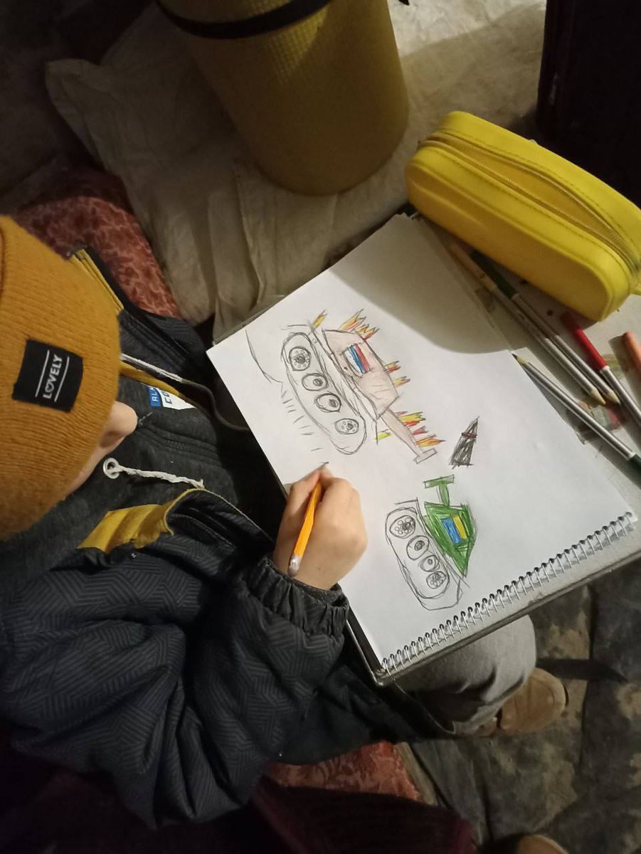 Josh1356_'s tweet photo. Little boys sitting with his family in a shelter drew this picture. 🇺🇦  I think this Speaks for itself. #UkraineRussiaWar #UkraineWar #Ukran #UkraineInvasion https://t.co/wcKS4Bt8ba