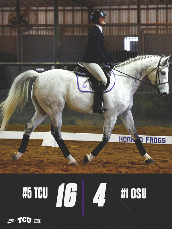 TCUWEquestrian's tweet photo. FROGS WIN ‼️ 

No. 5 TCU takes down No. 1 OSU, 16-4 😤😤 This is the first time since the 2016-17 season TCU has taken down a top-ranked opponent!

#GoFrogs 🐸🐴 https://t.co/ZCvBm1UmsR