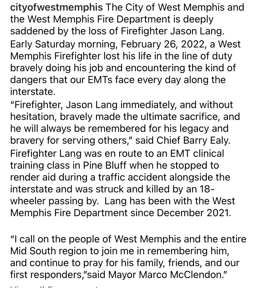 ChiefRose19's tweet photo. The West Memphis Fire Department suffered a terrible loss this morning. Please keep them, Firefighter Lang’s family, and the @citywestmemphis in your prayers. 🚒⚫️🔴⚫️🚒 https://t.co/1PVUxPzeQX