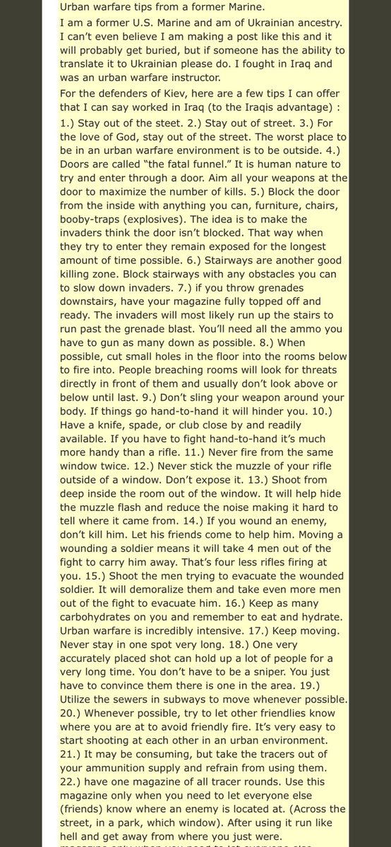 <a href="/IAPonomarenko/">Illia Ponomarenko 🇺🇦</a> Urban warfare tips from former Marine ----Someone Translate it please --