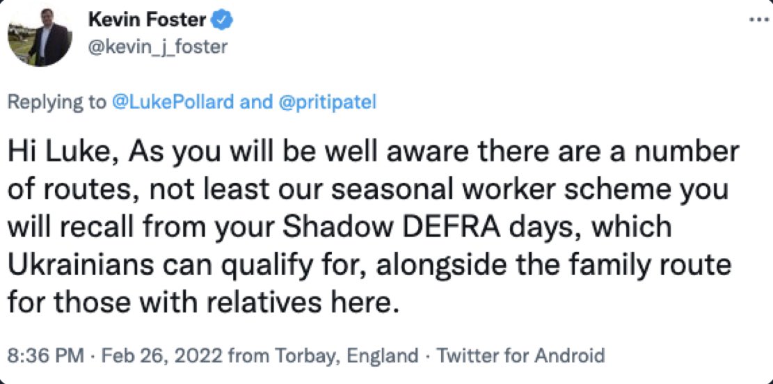 A real piece of shit #ToryShame MP @kevin_j_foster wants #UkraineRefugees to apply for “seasonal work” to flee a war zone to get to UK….

Where do these shitheads get off with this disgraceful attitude??

#ToryCriminalsUnfitToGovern #ToryRussianMoney 

#IStandWithUkraine 🇺🇦