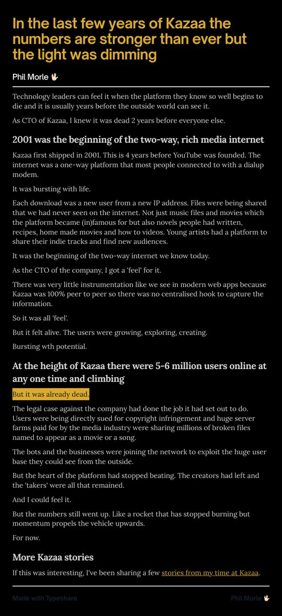 It is Sunday and time for another Kazaa story. 

This time about how the death of a platform is invisible to others at first.