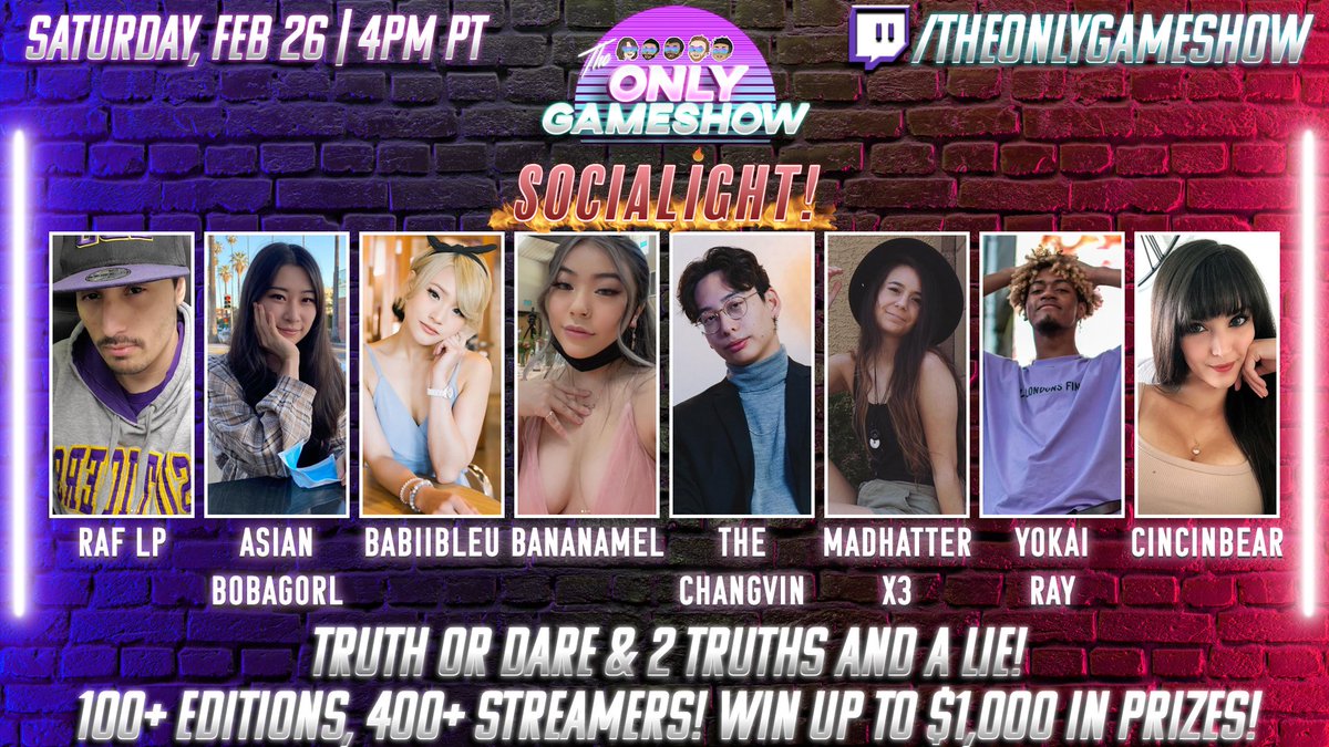 TOGS (@theonlygameshow) on Twitter photo The Onlygameshow continues with,
Socialight Saturday!
2 Truths & a Lie ; Truth or Dare!
8 streamers compete in party games to win $50!
Lineup:
<a href="/RafLP_/">Raf LP Torres</a> <a href="/AsianBobaGorl/">anners 🐥🔪</a> <a href="/babiibleuu/">babiibleu</a> <a href="/bananamel0/">bananamel 🍌</a>
<a href="/thechangvin/">thechangvin</a> <a href="/MadhatterxX3/">Tasha | Mad 🌙✨</a> @Yokai_Ray
#Twitch #Twitchgameshow #Twitchstreamers The Onlygameshow continues with,
Socialight Saturday!
2 Truths & a Lie ; Truth or Dare!
8 streamers compete in party games to win $50!
Lineup:
<a href="/RafLP_/">Raf LP Torres</a> <a href="/AsianBobaGorl/">anners 🐥🔪</a> <a href="/babiibleuu/">babiibleu</a> <a href="/bananamel0/">bananamel 🍌</a>
<a href="/thechangvin/">thechangvin</a> <a href="/MadhatterxX3/">Tasha | Mad 🌙✨</a> @Yokai_Ray
#Twitch #Twitchgameshow #Twitchstreamers