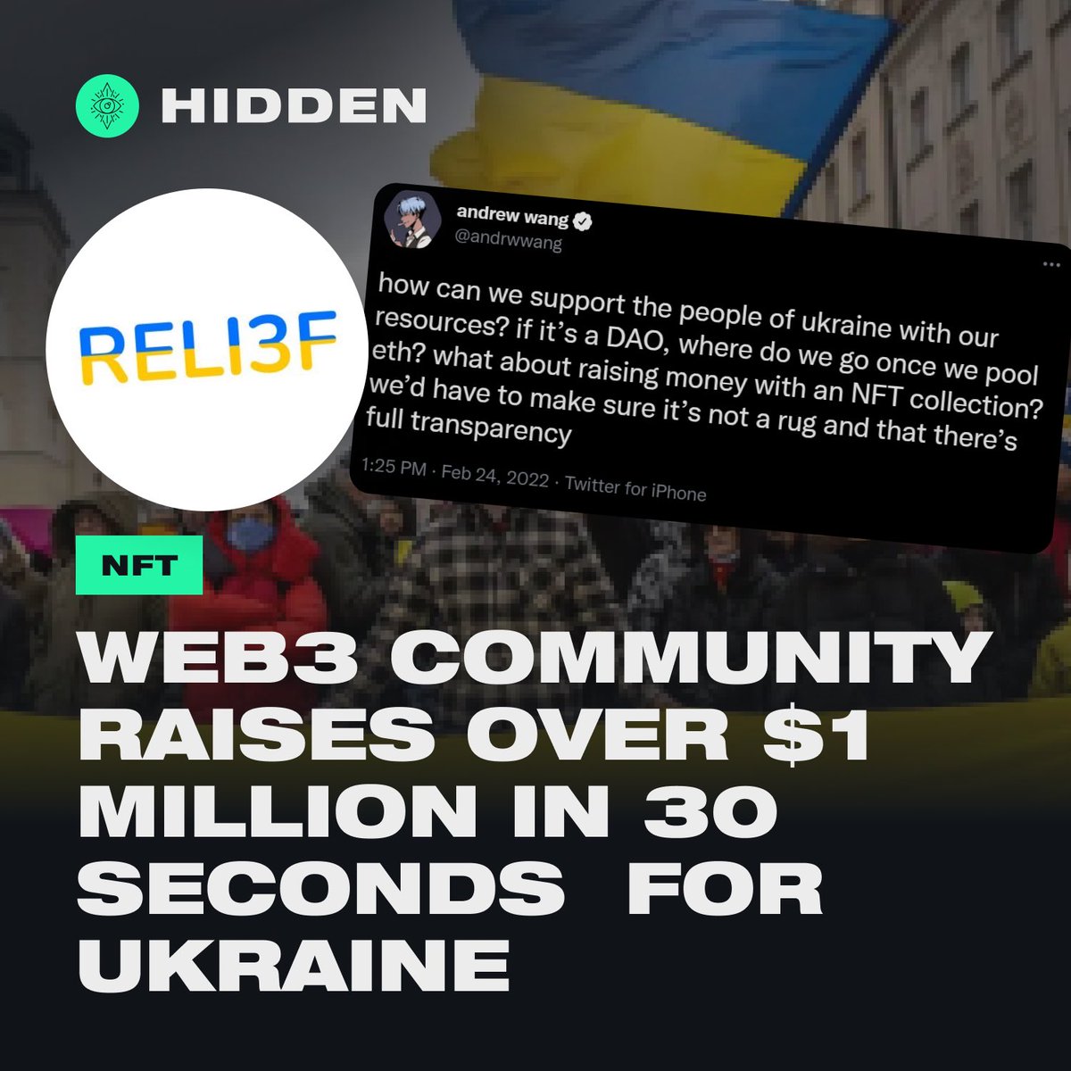hiddensociety's tweet photo. The Web3 community raises over $1 million (370 ETH) within 30 seconds for the people of Ukraine! 🇺🇦

This was achieved through a collaboration between @reli3fxyz and 37 independent artists. 🎨 https://t.co/DoEwwYLZNu