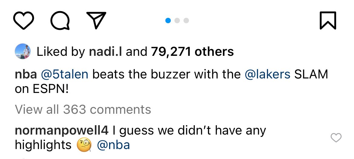 The NBA posted four highlights from the Clippers’ win over the Lakers last night. Every single one was for the Lakers.

Norman Powell called them out on it.