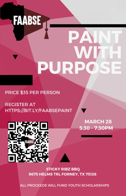Please join us as we connect with colleagues and support our future leaders of tomorrow. We will Paint with Purpose on Monday, March 28th @ 5:30. Sign up here: bit.ly/FAABSEPAINT <a href="/TyraClaytonEdu/">Tyra Clayton</a> <a href="/meganmboyd13/">Megan Boyd</a> @APThatIsMe <a href="/Gr8_Teach/">Tiffany Alexander</a> <a href="/TABSE_Texas/">TABSE_Texas</a>