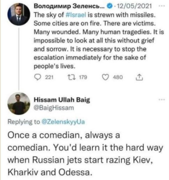 Zelensky Filistin'i kınayıp, İsrail için üzüntüsünü dile getirmiş.
Cevap olarak da Filistinli biri:
“Bir komedyen daima komedyendir. Bir gün Rus uçakları Kiev, Kharkiv ve Odessa'yı bombaladığında anlarsın.“
#Ukrania #Kadirov