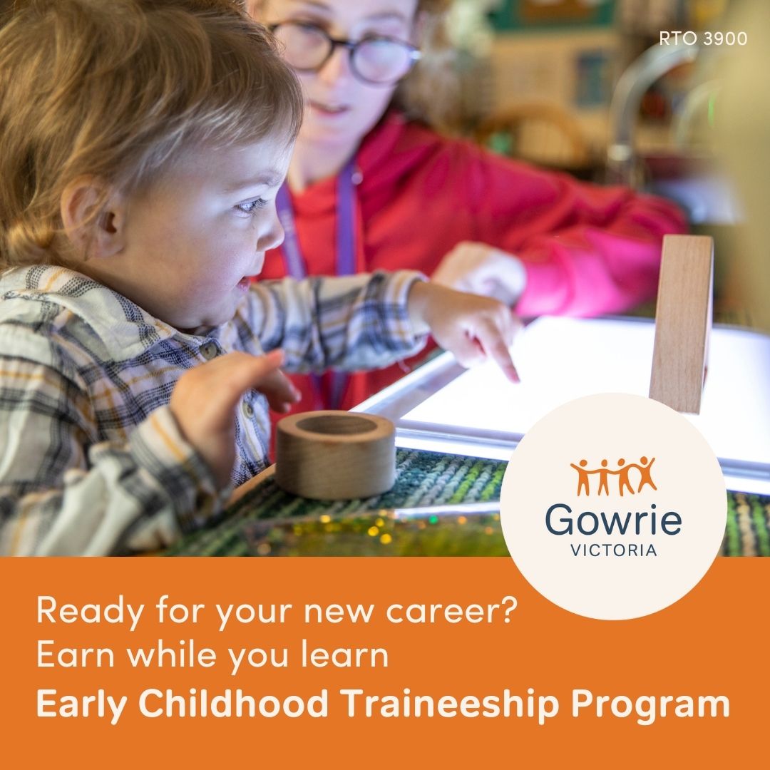 GowrieVictoria's tweet photo. New Early Childhood Traineeship Program starting March in Melbourne &amp; Bendigo. Earn while you learn, no prior experience required. Supported by @DETVic https://t.co/0XhcUkqUPx #earlylearning #earlychildhood #traineeship #trainee https://t.co/UO2f3Uxvfl