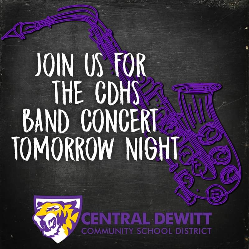 CentralDeWitt's tweet photo. Join us tomorrow night for the CDHS band concert at 7 p.m. in the Central DeWitt Performing Arts Center. We hope to see you there! #gosabers #centraldewittcsd #cdhsbandconcert #cdpac https://t.co/DpZX4OTvOT