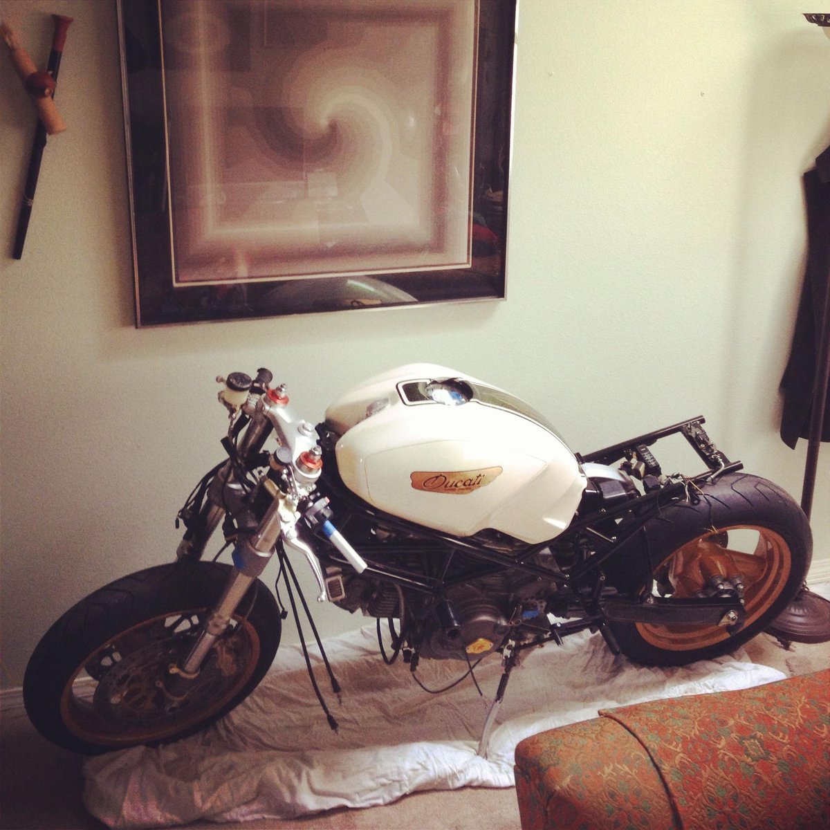 themotolady's tweet photo. If you’re cold they’re cold, bring them inside.
Pandora in build mode, holding down the fort in my living room. I love when fb pops up memories like this. 🥰
#builtbyagirl #motolady #custommotorcycles #womensmotoshow #croig #ducatista #customducati #homedecor https://t.co/zUV8stSUkj
