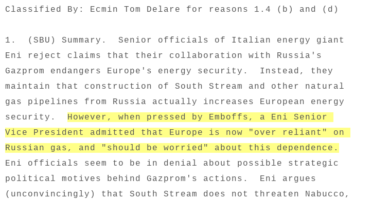 A decade of Russia v US gas wars in Europe laid out in US embassy cable (2008) #SouthStream #BlueStream #NordStream #Nabucco #Ukraine #Germany #Italy Link: wikileaks.org/plusd/cables/0…