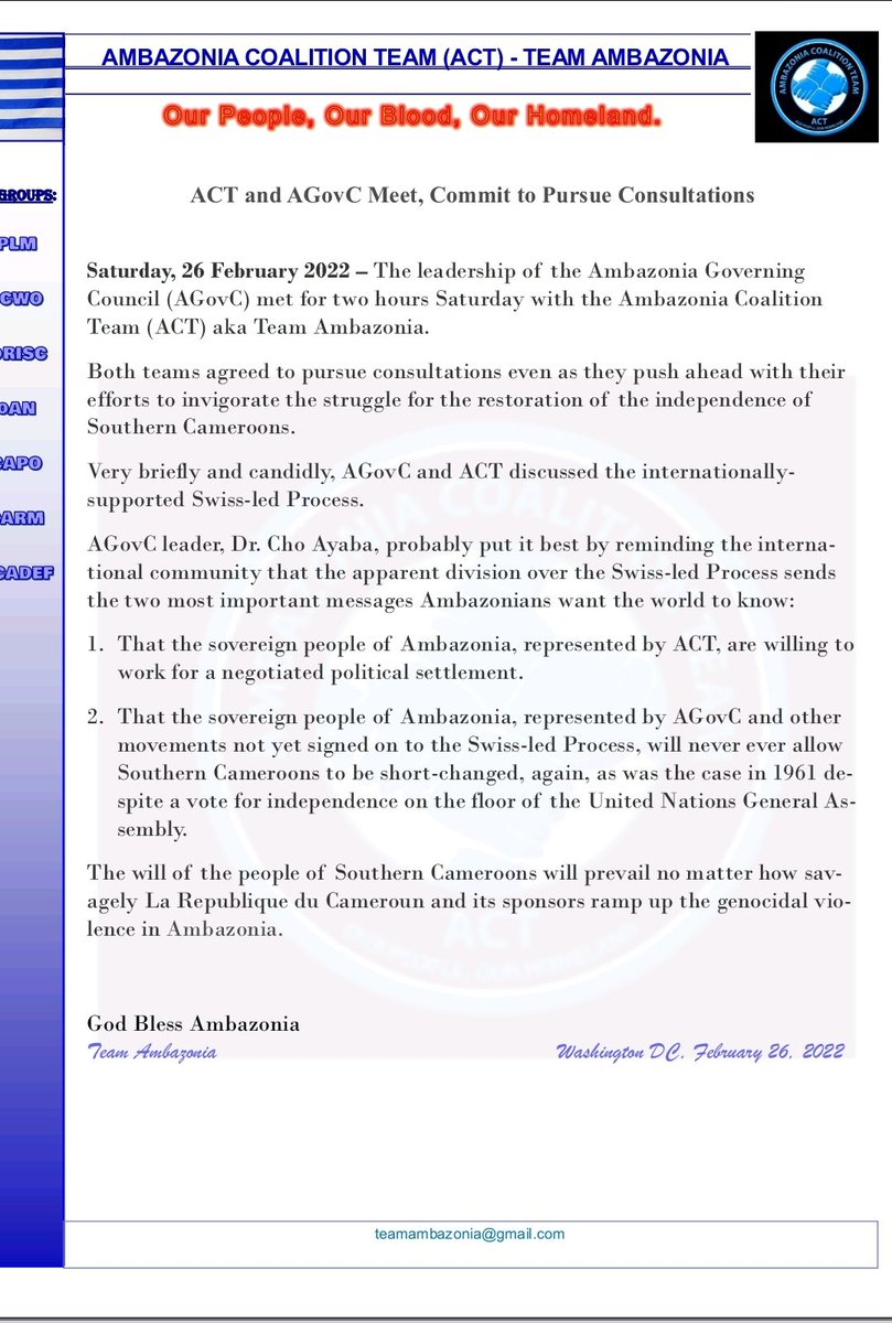 innochia's tweet photo. Washington D.C, USA - Feb 27, 2022 - @TeamAmbazonia (ACT) &amp; @ChoAyaba's #AGOVC agree to begin work on determining which highway to use to get to independent Ambazonia. First, #AGOVC recognizes #SwissProcess. Next, work on signing on to it. Credit @Akwangaderek &amp; @ChoAyaba meeting https://t.co/NnJjSn1LEx