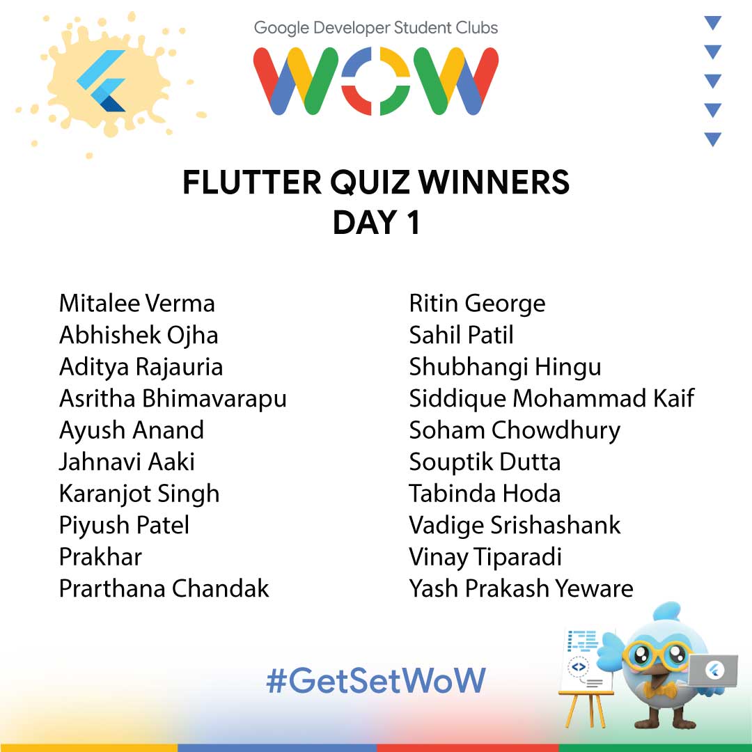 gdscwow's tweet photo. Congratulations folks, the Top 20 winners of the Flutter Quiz for Day 1 are finally here.

Check out your names everyone.

#gdscwow #developerstudentclubs #gdsc #event #studentcommunity #gdscwow2022 #getsetwow #flutter https://t.co/gXHZXiNhTN