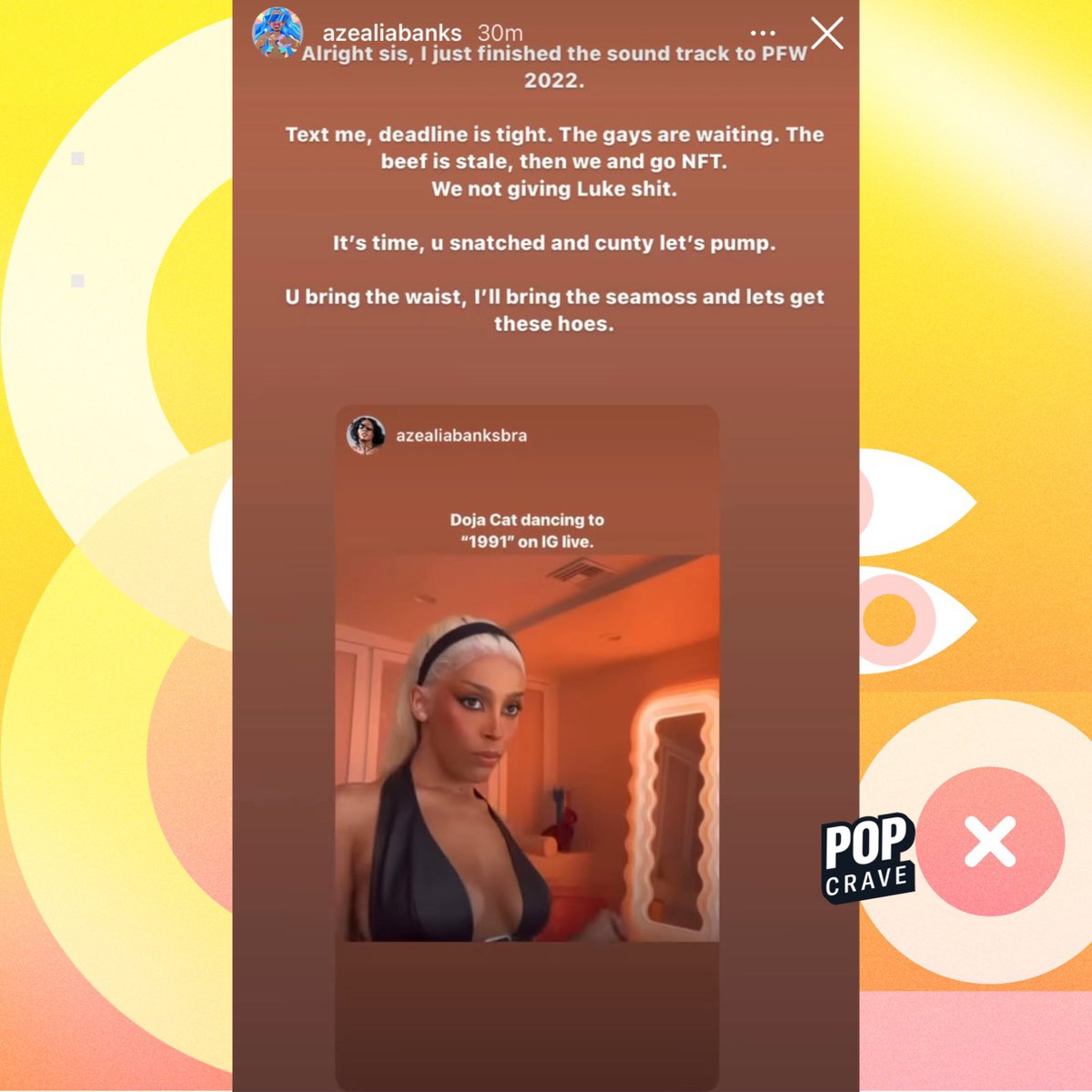 PopCrave's tweet photo. Azealia Banks invites Doja Cat to collaborate with her after Doja listened to her song “1991” on Instagram Live: 

“Text me, deadline is tight. The gays are waiting.” https://t.co/9z0s09sm9U