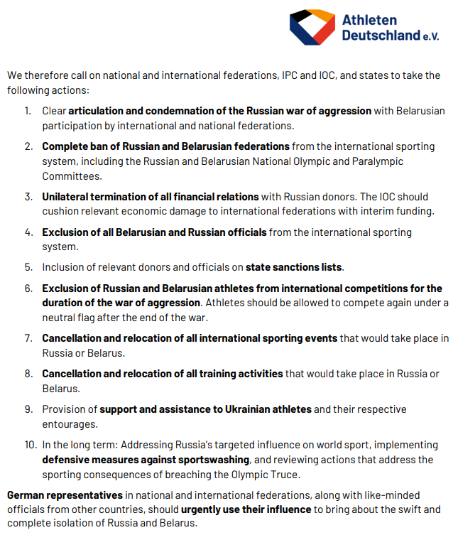 ❗️Due to the Russian war of aggression against Ukraine, we demand a complete ban of Russia and Belarus from world sports. Putin has repeatedly broken the Olympic Truce. Federations have so far reacted inadequately to the war of aggression.
Full release: bit.ly/3M5OKhR