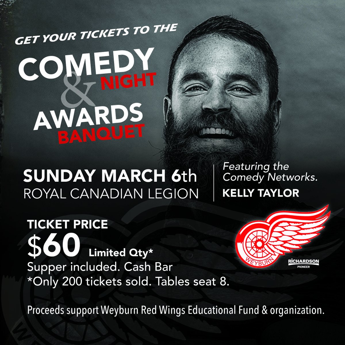 weyburnredwings's tweet photo. Last chance to get your tickets to the Comedy Night &amp; Awards Banquet on Sunday, March 6th!
5:30 pm - Cocktails
6:00 pm - Supper
7:00 pm - Awards
8:00 pm - Comedian, Kelly Taylor

Contact the Red Wings Office at 306.842.2212

#RedWings #60thSeason #Awards #SJHL @TicTaylor https://t.co/XJj4vga4MK