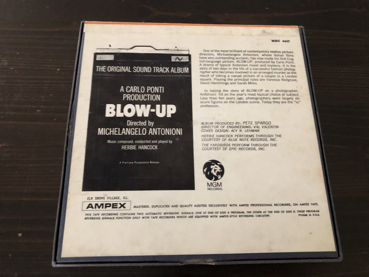 MrSaratoga's tweet photo. #nowspinning #r2r #nowpplaying #reel #tape

Herbie Hancock’s brilliant score to an equally brilliant film, 1966’s “Blow-Up”. Also includes The Yardbirds’ “Stroll On”.

Catalog : MGM MG 4447 AMPEX 7.5 ips reel to reel, made in Elk Grove Village ILL, 1966

Produced by Pete Spargo https://t.co/qVW5EXmxDt