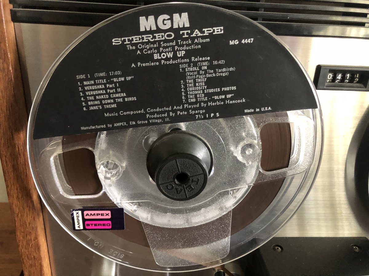 MrSaratoga's tweet photo. #nowspinning #r2r #nowpplaying #reel #tape

Herbie Hancock’s brilliant score to an equally brilliant film, 1966’s “Blow-Up”. Also includes The Yardbirds’ “Stroll On”.

Catalog : MGM MG 4447 AMPEX 7.5 ips reel to reel, made in Elk Grove Village ILL, 1966

Produced by Pete Spargo https://t.co/qVW5EXmxDt