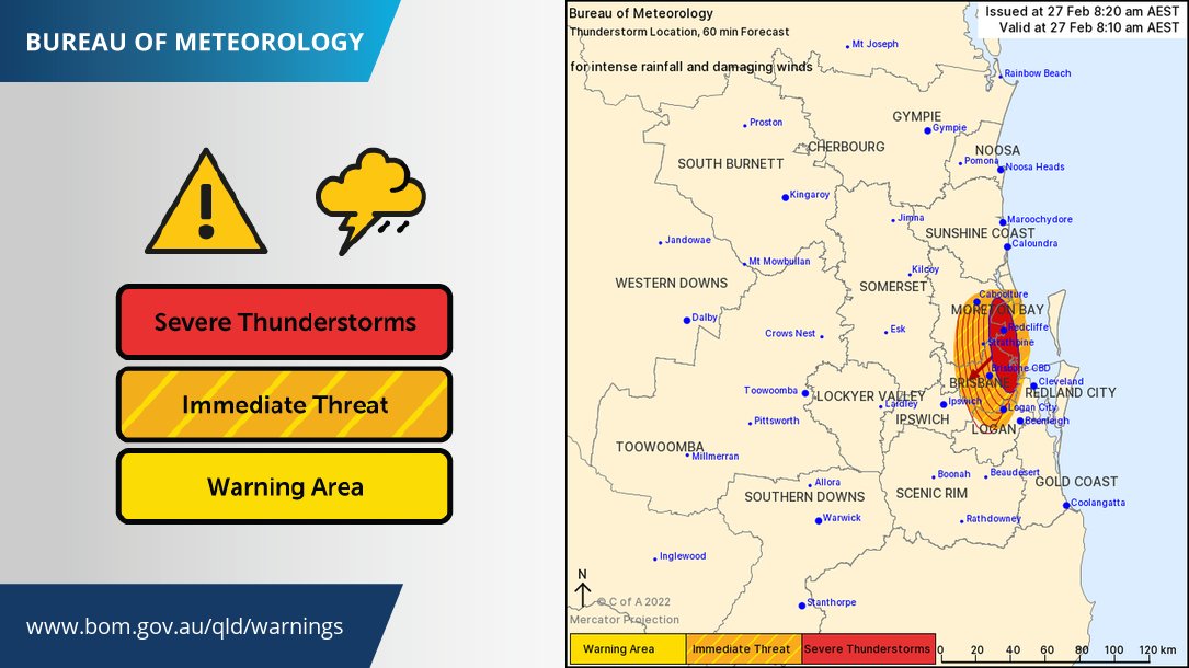 ⚠️⛈️UPDATED Severe Thunderstorm Warning - #SEQ for INTENSE RAINFALL and DAMAGING WINDS. Locations affected include #Redcliffe, #Beachmere #BrisbaneCBD, #LoganCity, #Strathpine, #Caboolture, #Samford and #LakeSamsonvale. Full details bom.gov.au/qld/warnings/ @QldFES
