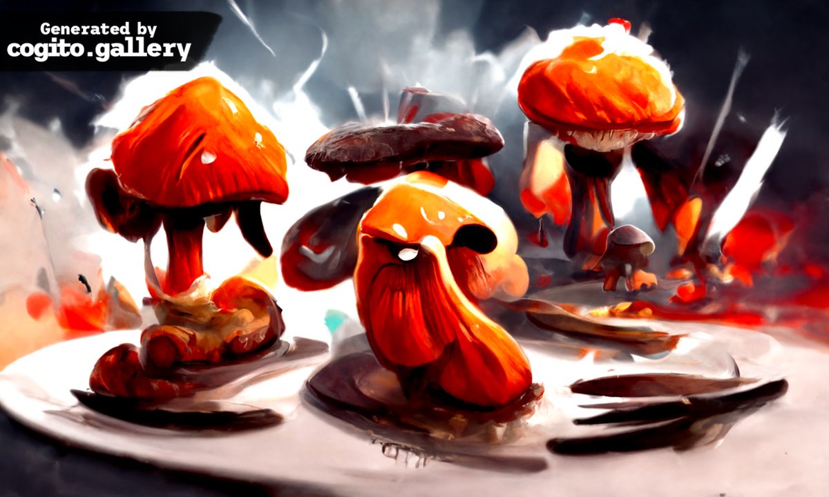 Hungry?
Our #AI art generator was challenged this time with the text "A meal of angry mushrooms" - This is the result 🤯🍄

👉 Generate your own!
RT with your desired text and we'll let our AI generator create it 💫

#artwork #NFT #AIArtwork