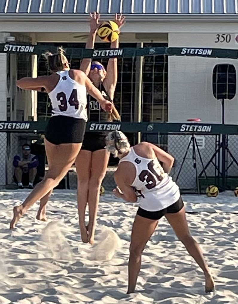 Due to an injury, Katy played with a a new partner, JoMo, from Colorado. Although they lost 13-21, 16-21 these two freshman played great against South Carolina who is ranked 18th in the AVCA Preseason Coaches Poll. Here is Katy getting a block against those Gamecocks.